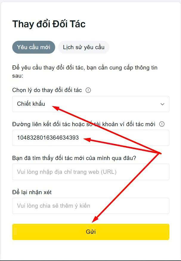 Điền thông tin thay đổi đối tác