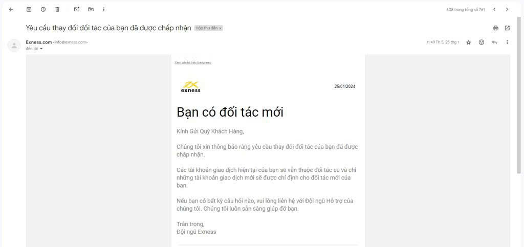 Thông báo thay đổi đối tác thành công