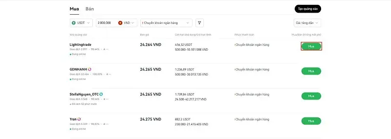 chọn thương nhân bạn muốn giao dịch