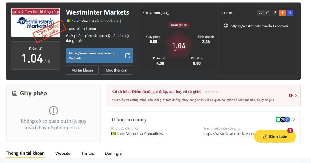 Đánh giá sàn Westminster Markets 2025: Cảnh báo scam và rủi ro Cảnh Báo Sàn Westminster Markets Wikifx