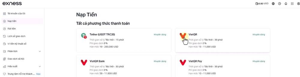 Chọn phương thức nạp tiền vào