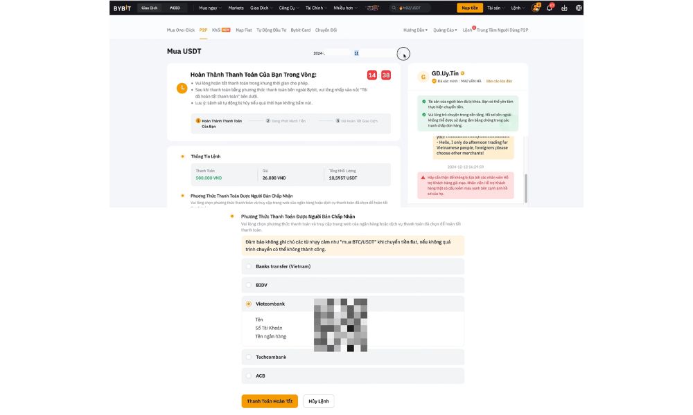 Chuyển khoản đúng theo thông tin sàn cung cấp