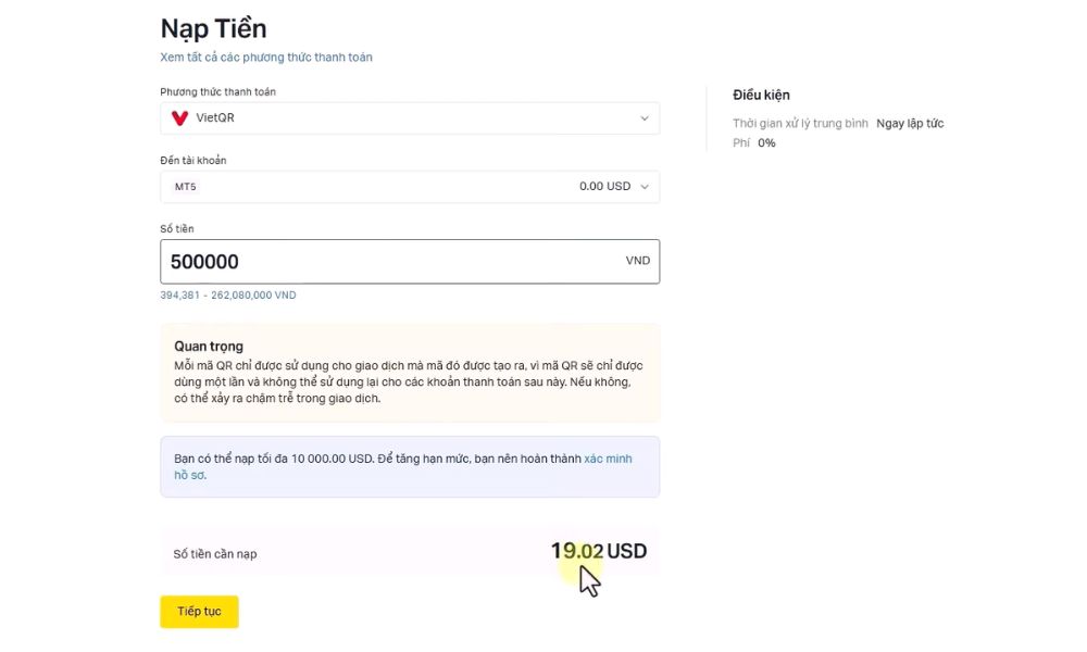 Điền số tiền cần nạp trên Exness