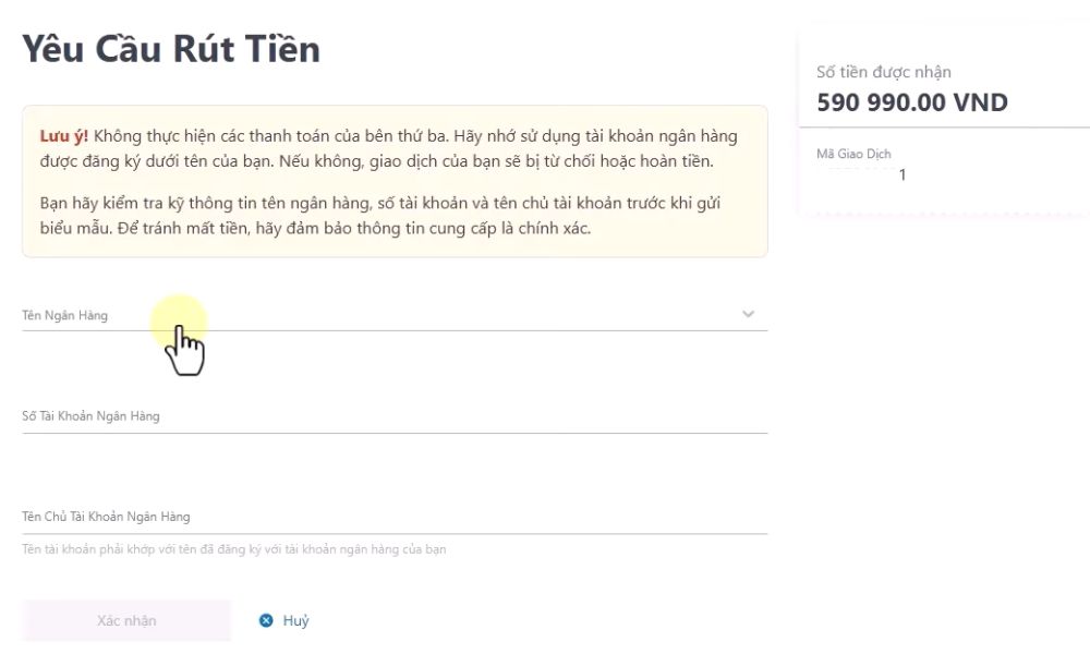 Điền thông tin tài khoản nhận