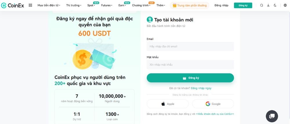 Giao diện sàn CoinEx