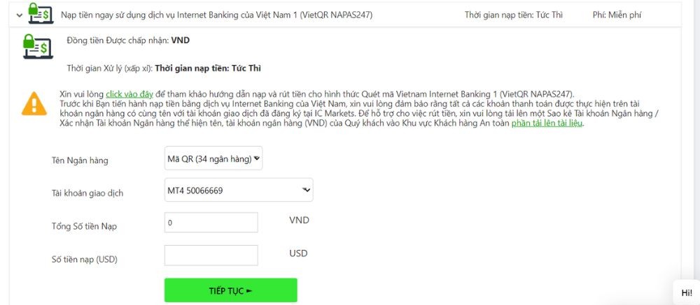Khai báo các thông tin nạp tiền