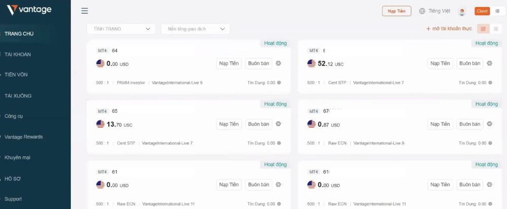 Nạp tiền vào Vantage