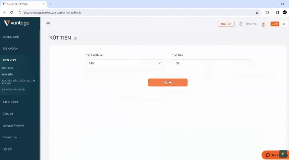 Rút tiền sàn Vantage
