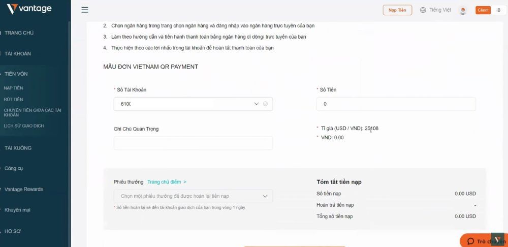 Thiết lập thông tin nạp tiền