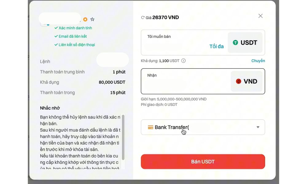Xác nhận lại thông tin bán USDT