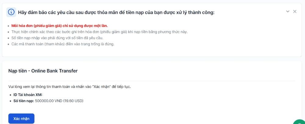Xác nhận yêu cầu nạp tiền